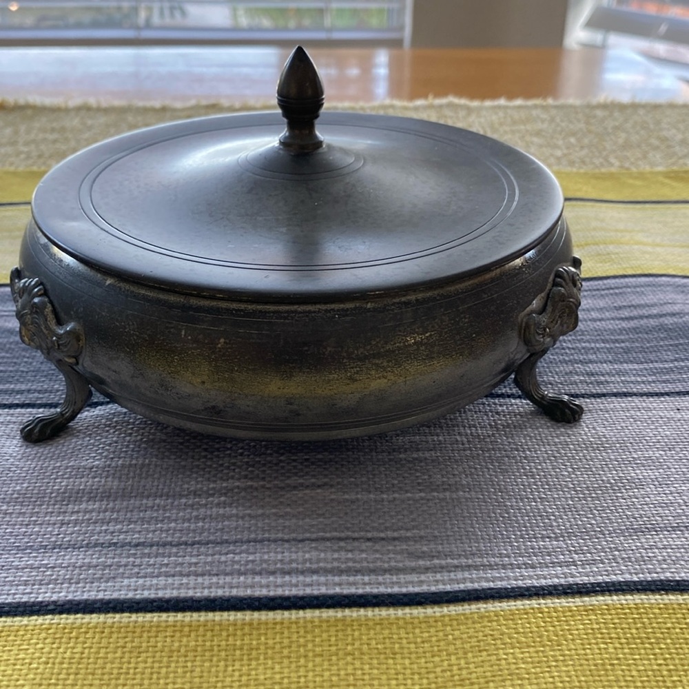 In great condition vintage real pewter candy dish with top .